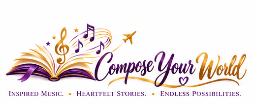 Compose Your World: book, musical notes, and airplane in purple and gold