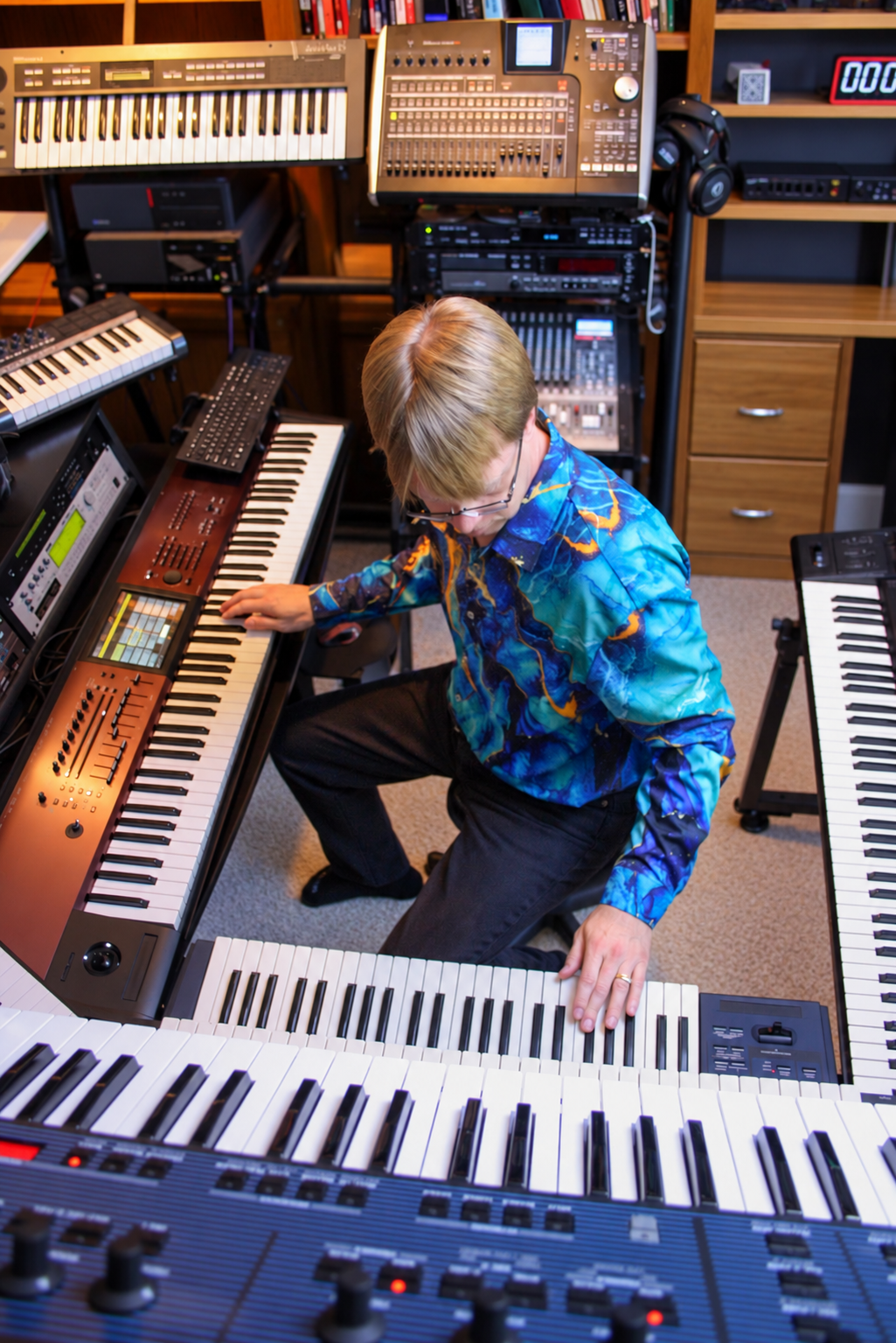 Erik D. Anderson playing keyboards in his music studio